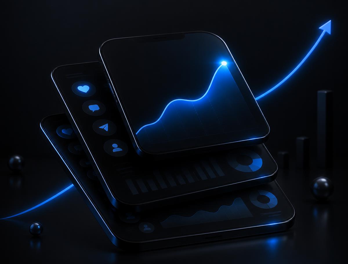 Dark social media growth visual with glowing engagement curves